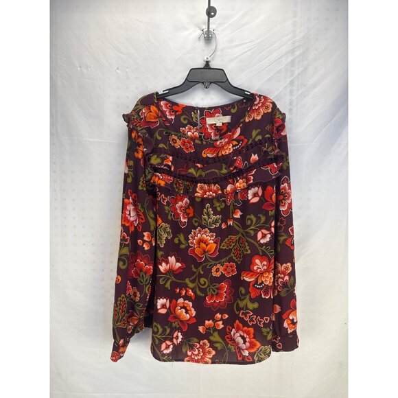 LOFT Floral Print Blouse Maroon Multicolor Long Sleeve Pullover Women’s XL - Picture 1 of 8